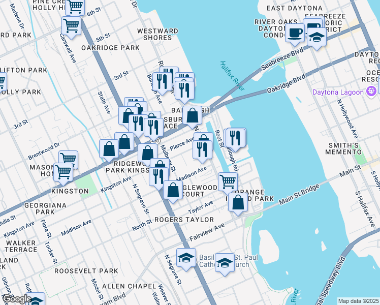 map of restaurants, bars, coffee shops, grocery stores, and more near 133 Kingston Avenue in Daytona Beach
