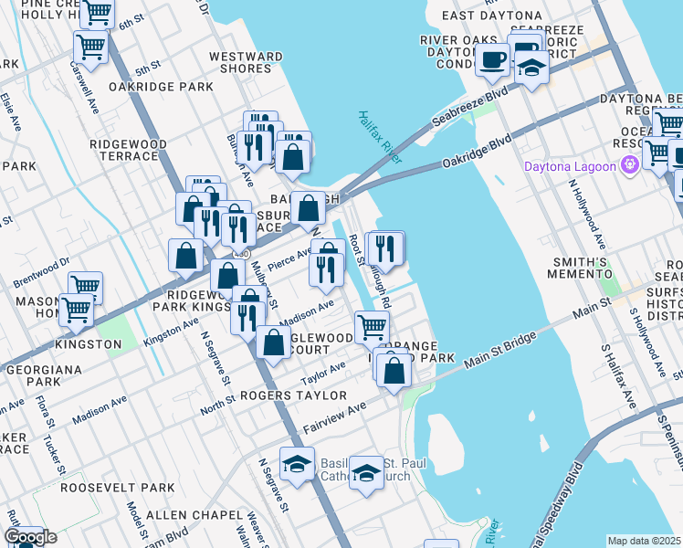 map of restaurants, bars, coffee shops, grocery stores, and more near 723 North Beach Street in Daytona Beach