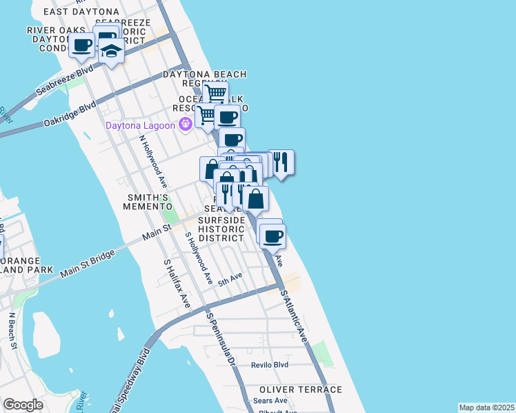 map of restaurants, bars, coffee shops, grocery stores, and more near 23 South Atlantic Avenue in Daytona Beach