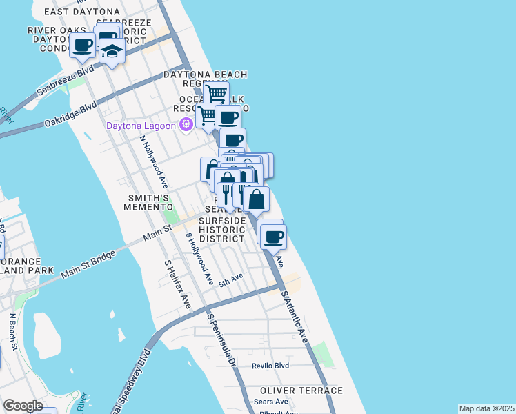map of restaurants, bars, coffee shops, grocery stores, and more near 23 South Atlantic Avenue in Daytona Beach