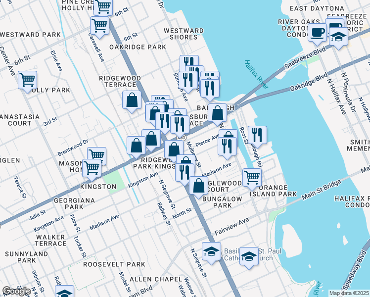 map of restaurants, bars, coffee shops, grocery stores, and more near 220 Pierce Avenue in Daytona Beach