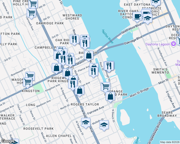 map of restaurants, bars, coffee shops, grocery stores, and more near 133 Kingston Avenue in Daytona Beach