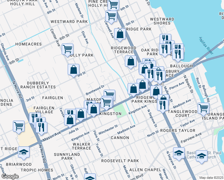 map of restaurants, bars, coffee shops, grocery stores, and more near 121 Mason Park Drive in Daytona Beach