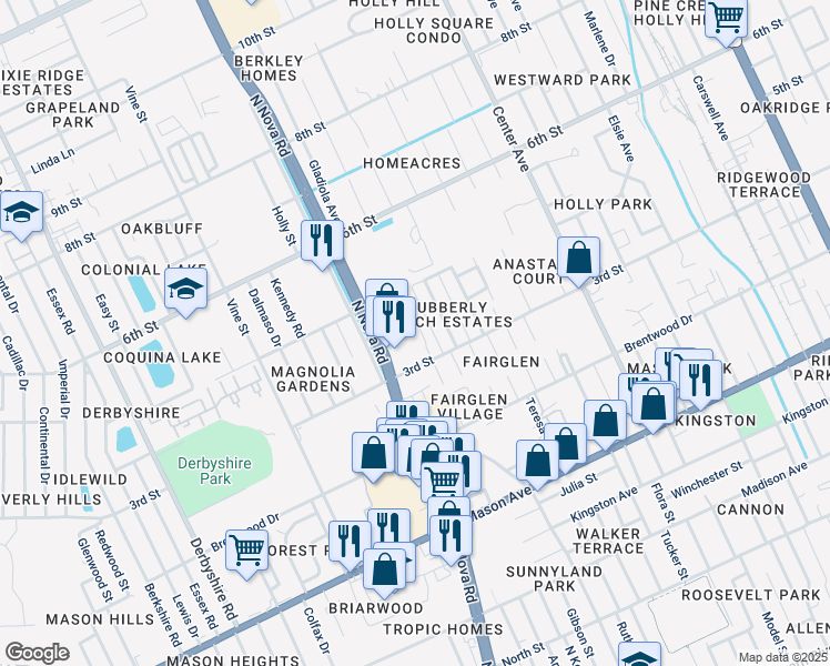 map of restaurants, bars, coffee shops, grocery stores, and more near 312 Scotland Drive in Daytona Beach