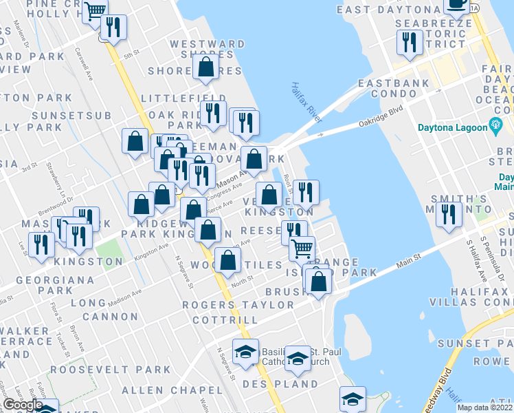 map of restaurants, bars, coffee shops, grocery stores, and more near 133 Kingston Avenue in Daytona Beach