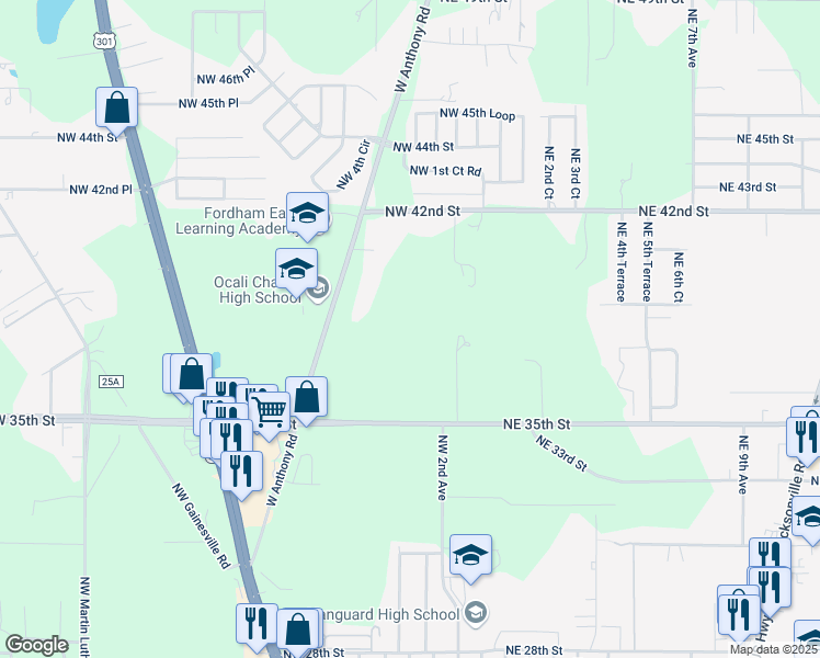map of restaurants, bars, coffee shops, grocery stores, and more near 3825 West Anthony Road in Ocala