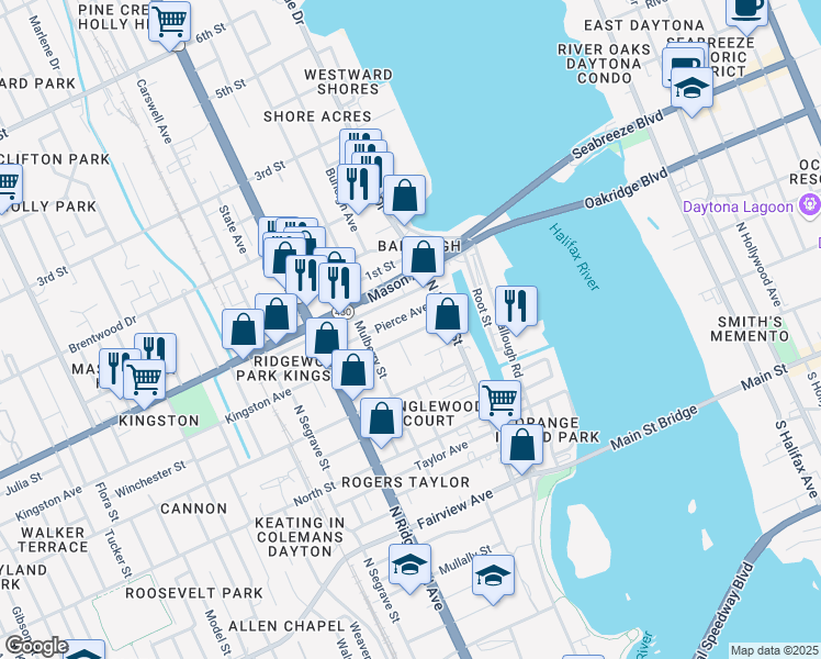 map of restaurants, bars, coffee shops, grocery stores, and more near 133 Kingston Avenue in Daytona Beach