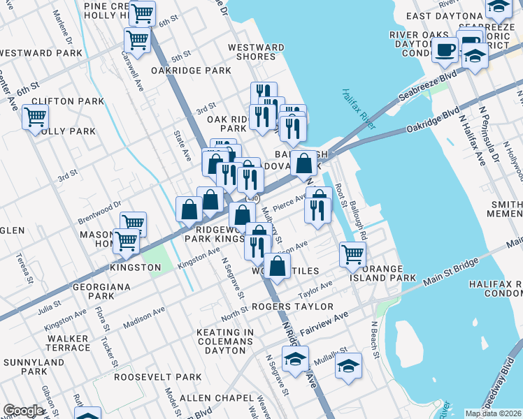 map of restaurants, bars, coffee shops, grocery stores, and more near 220 Pierce Avenue in Daytona Beach