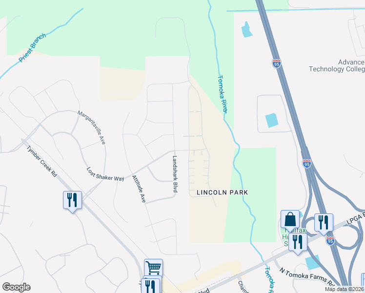 map of restaurants, bars, coffee shops, grocery stores, and more near Land Shark Boulevard in Daytona Beach