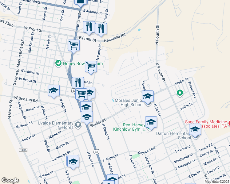 map of restaurants, bars, coffee shops, grocery stores, and more near 155 Barry Street in Uvalde