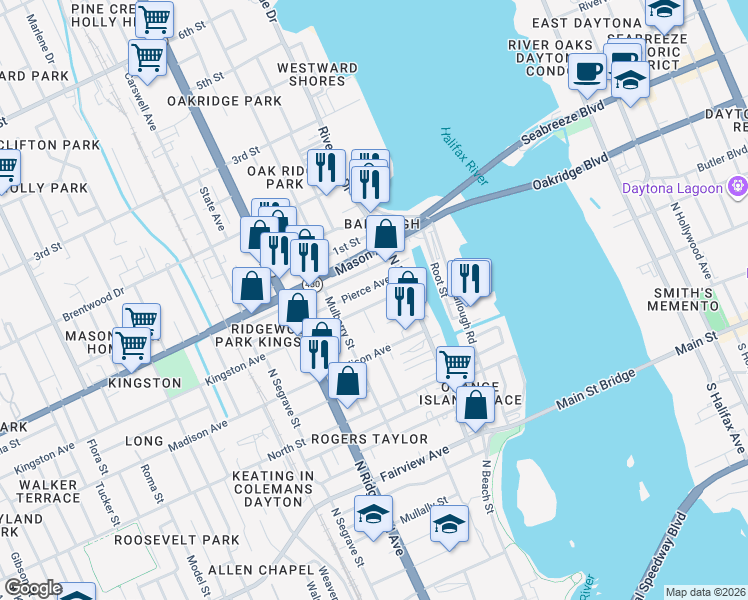 map of restaurants, bars, coffee shops, grocery stores, and more near 133 Kingston Avenue in Daytona Beach