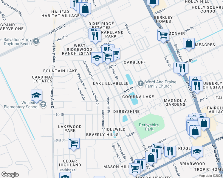 map of restaurants, bars, coffee shops, grocery stores, and more near 1209 Essex Road in Daytona Beach