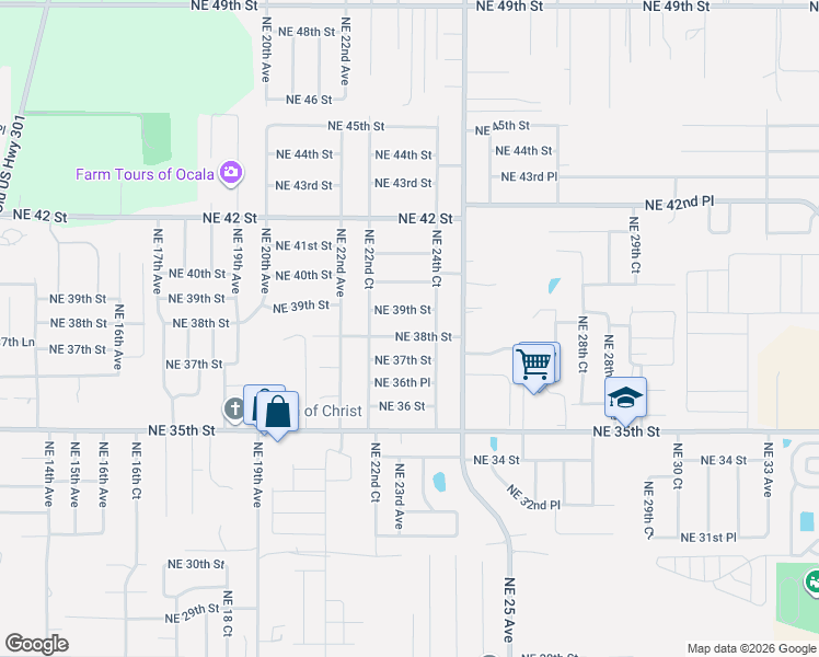 map of restaurants, bars, coffee shops, grocery stores, and more near 2308 Northeast 38th Street in Ocala
