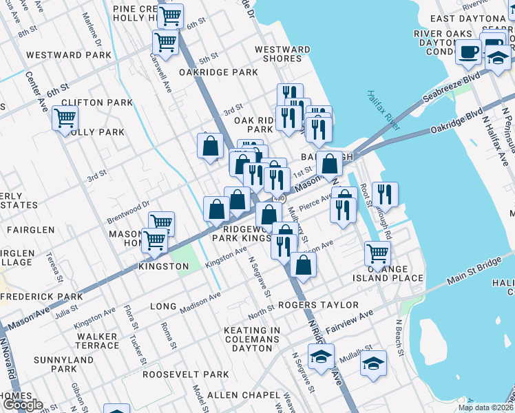 map of restaurants, bars, coffee shops, grocery stores, and more near 0 Ridgewood Avenue in Holly Hill