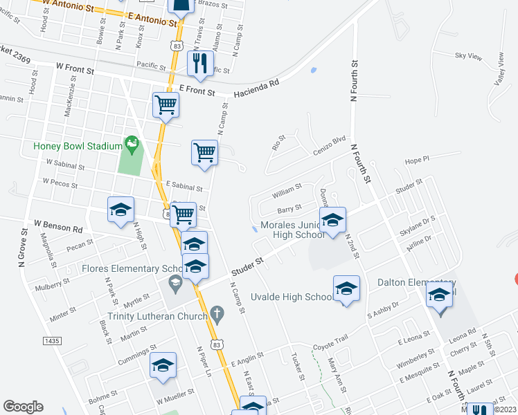 map of restaurants, bars, coffee shops, grocery stores, and more near 198 Charles Place in Uvalde