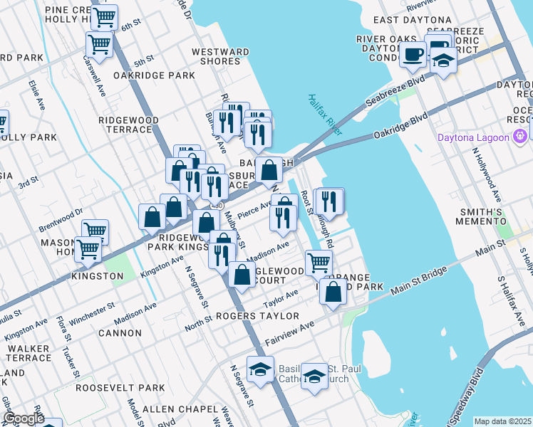 map of restaurants, bars, coffee shops, grocery stores, and more near 133 Kingston Avenue in Daytona Beach