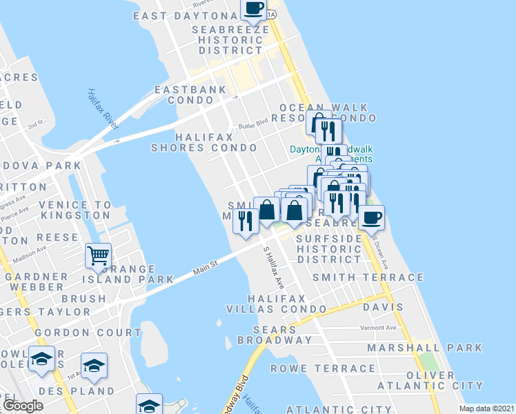 map of restaurants, bars, coffee shops, grocery stores, and more near 29 North Peninsula Drive in Daytona Beach