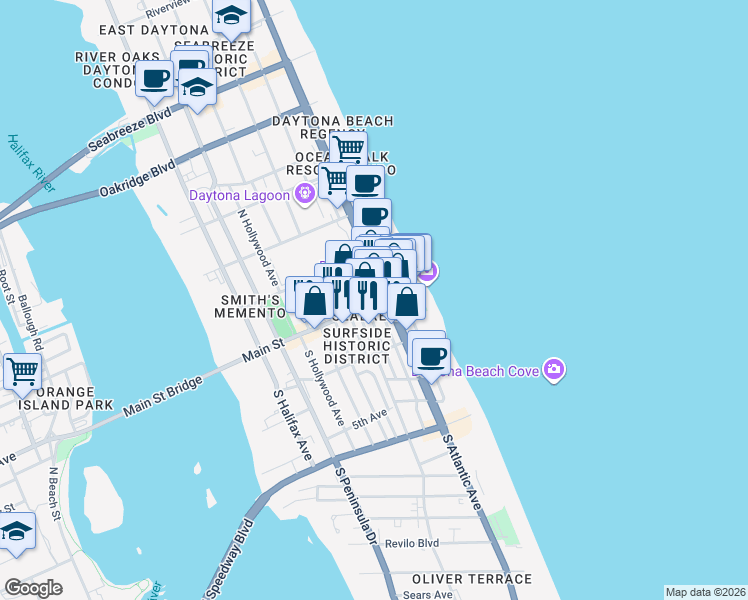 map of restaurants, bars, coffee shops, grocery stores, and more near 800 Main Street in Daytona Beach