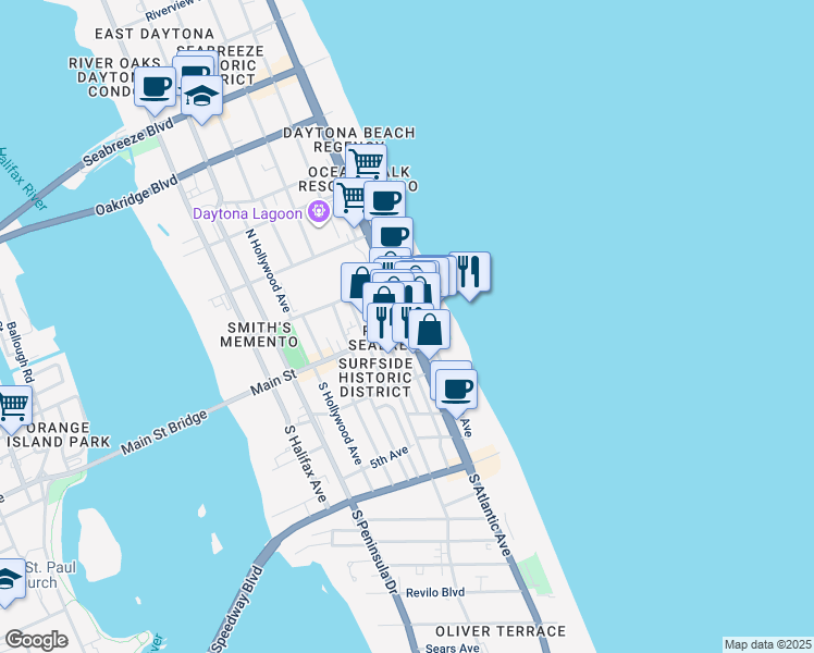 map of restaurants, bars, coffee shops, grocery stores, and more near 23 South Atlantic Avenue in Daytona Beach