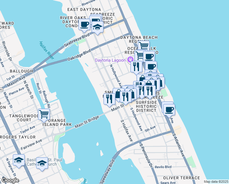map of restaurants, bars, coffee shops, grocery stores, and more near 29 North Peninsula Drive in Daytona Beach