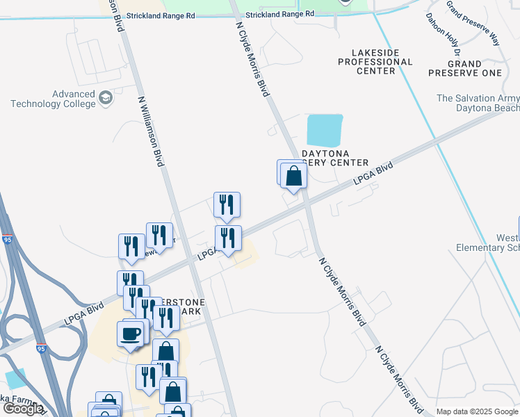 map of restaurants, bars, coffee shops, grocery stores, and more near 1904-1998 Lpga Boulevard in Daytona Beach