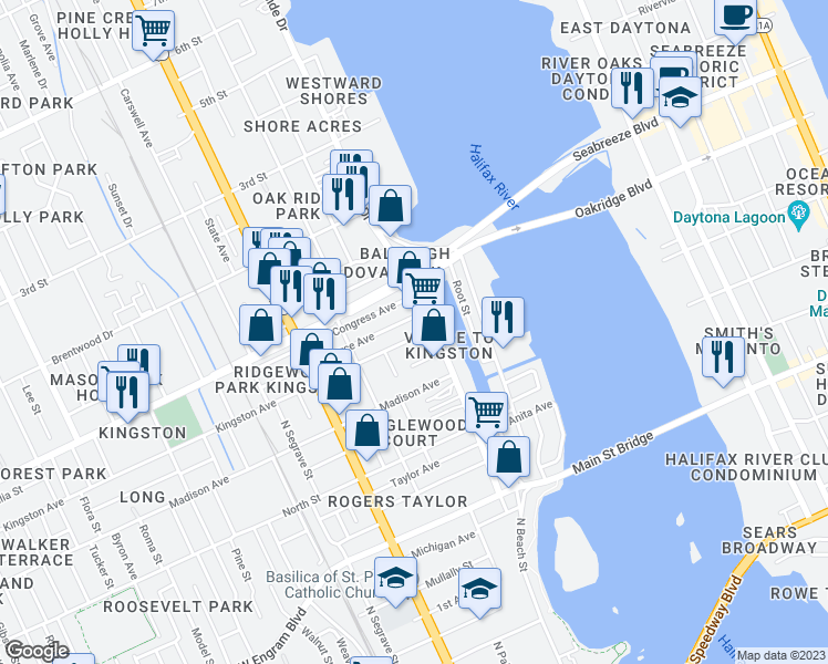 map of restaurants, bars, coffee shops, grocery stores, and more near 133 Kingston Avenue in Daytona Beach