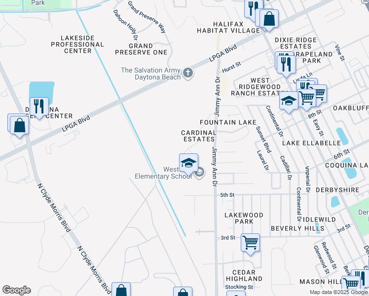 map of restaurants, bars, coffee shops, grocery stores, and more near 20 Starling Drive in Daytona Beach