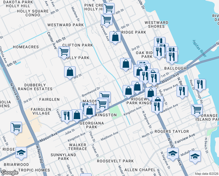 map of restaurants, bars, coffee shops, grocery stores, and more near 407 Brentwood Drive in Daytona Beach