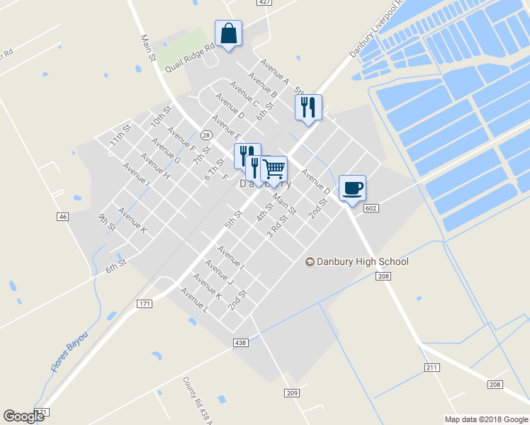 map of restaurants, bars, coffee shops, grocery stores, and more near 5707 4th Street in Danbury