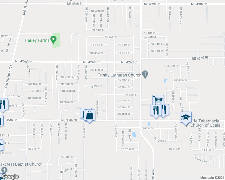 map of restaurants, bars, coffee shops, grocery stores, and more near 3951 Northeast 22nd Court in Ocala