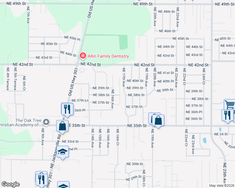 map of restaurants, bars, coffee shops, grocery stores, and more near 3844 Northeast 16th Court in Ocala