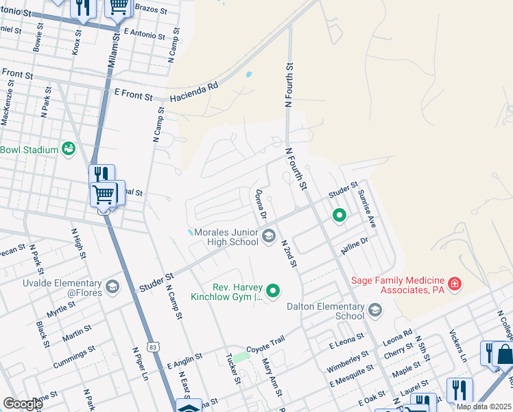 map of restaurants, bars, coffee shops, grocery stores, and more near 5 Buena Vista Circle in Uvalde