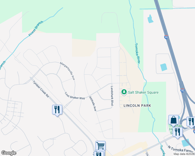 map of restaurants, bars, coffee shops, grocery stores, and more near Lost Shaker Way in Daytona Beach