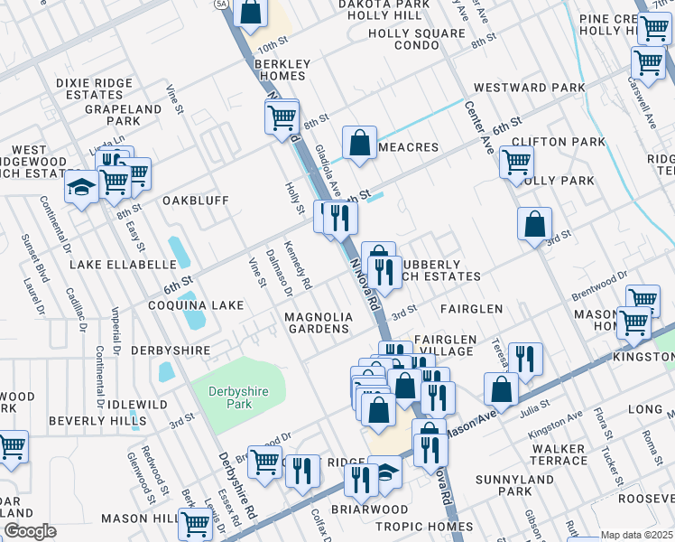 map of restaurants, bars, coffee shops, grocery stores, and more near 1100 North Nova Road in Daytona Beach