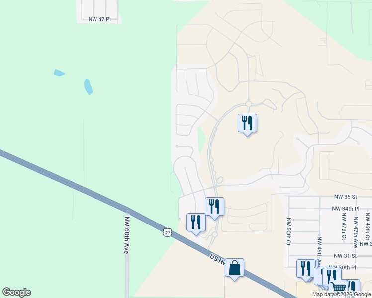 map of restaurants, bars, coffee shops, grocery stores, and more near 5657 Northwest 40th Loop in Ocala