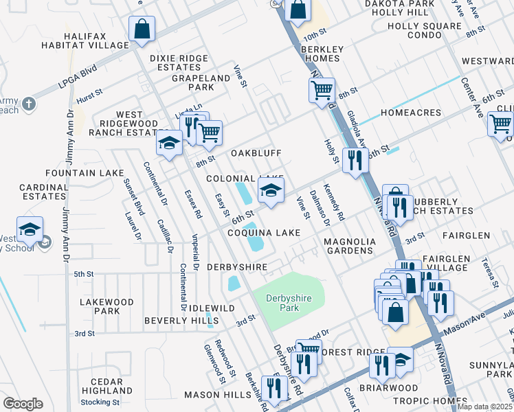 map of restaurants, bars, coffee shops, grocery stores, and more near 605 Williamsburg Drive in Daytona Beach