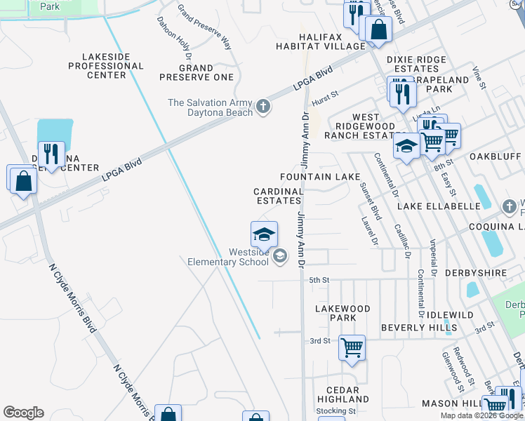 map of restaurants, bars, coffee shops, grocery stores, and more near 20 Starling Drive in Daytona Beach