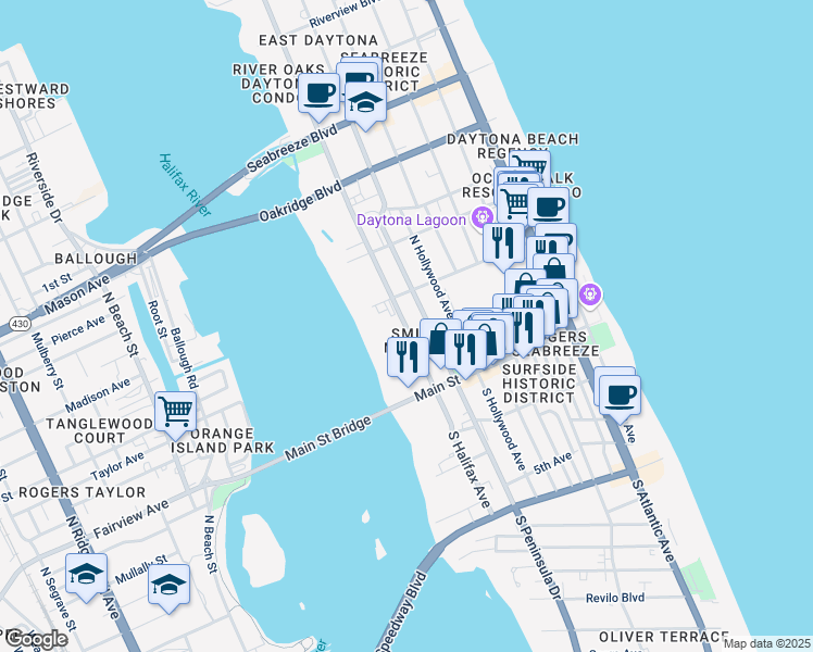 map of restaurants, bars, coffee shops, grocery stores, and more near 118 North Halifax Avenue in Daytona Beach