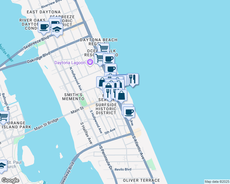map of restaurants, bars, coffee shops, grocery stores, and more near 15 Boardwalk in Daytona Beach
