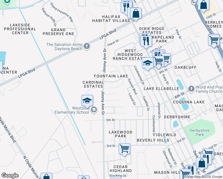 map of restaurants, bars, coffee shops, grocery stores, and more near 249 Fountain Lake Boulevard in Daytona Beach