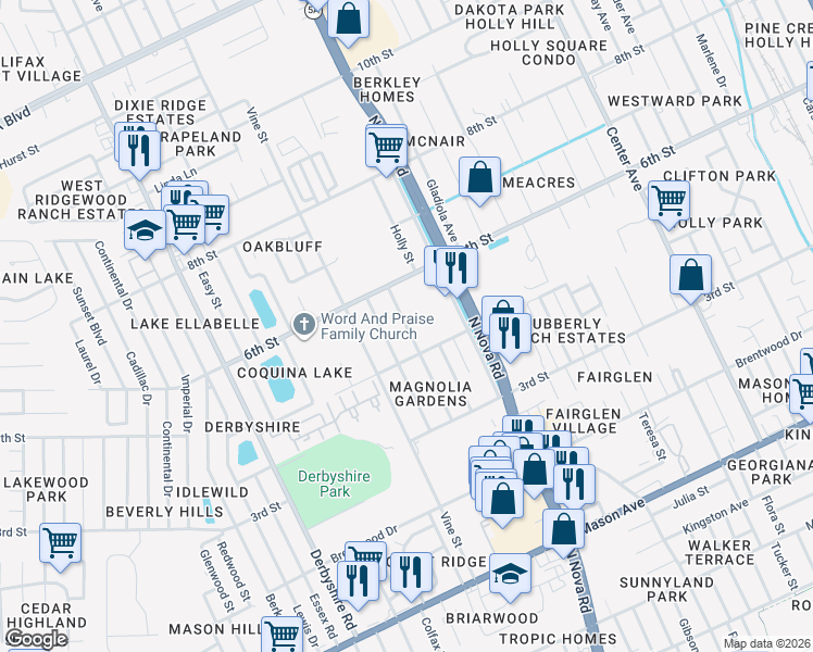 map of restaurants, bars, coffee shops, grocery stores, and more near 1225 Kennedy Road in Daytona Beach