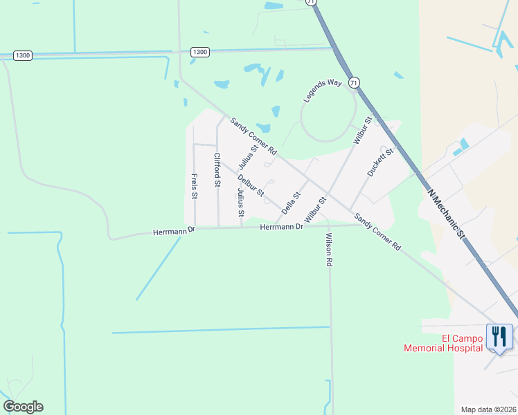 map of restaurants, bars, coffee shops, grocery stores, and more near 189 Delbur Street in El Campo