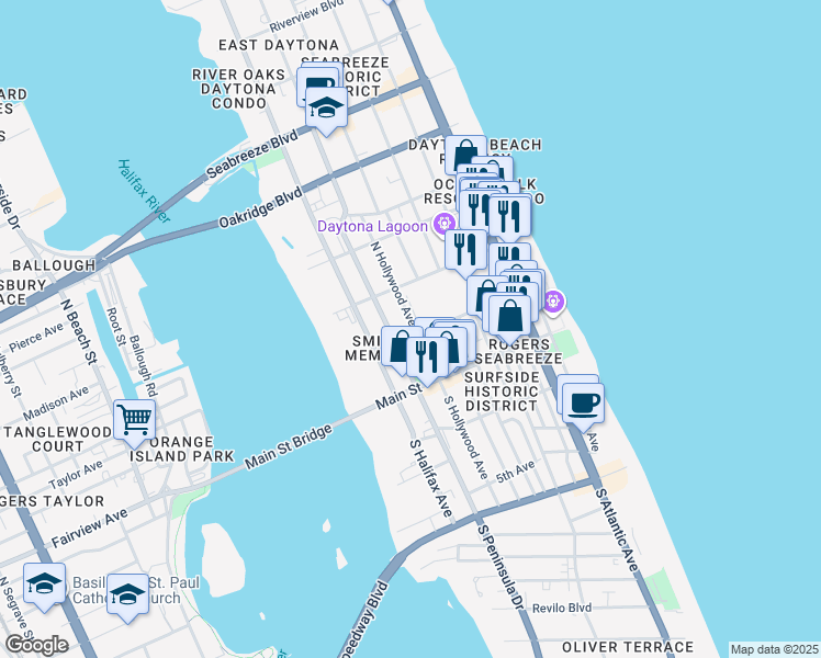 map of restaurants, bars, coffee shops, grocery stores, and more near 120 North Peninsula Drive in Daytona Beach