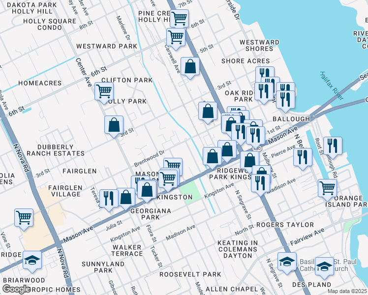 map of restaurants, bars, coffee shops, grocery stores, and more near 407 Brentwood Drive in Daytona Beach