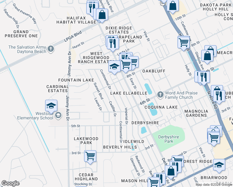 map of restaurants, bars, coffee shops, grocery stores, and more near 1254 Essex Road in Daytona Beach