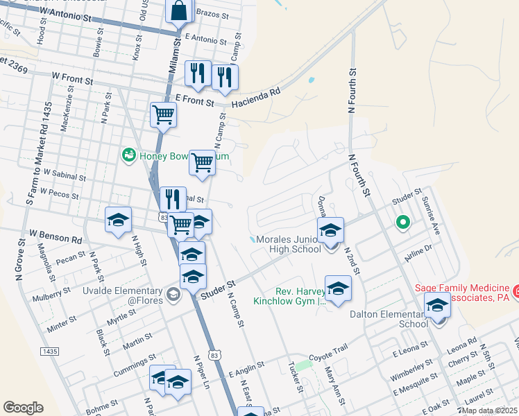 map of restaurants, bars, coffee shops, grocery stores, and more near 144 William Street in Uvalde