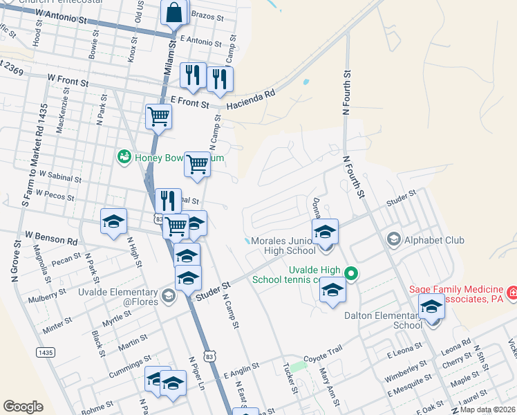 map of restaurants, bars, coffee shops, grocery stores, and more near 144 William Street in Uvalde