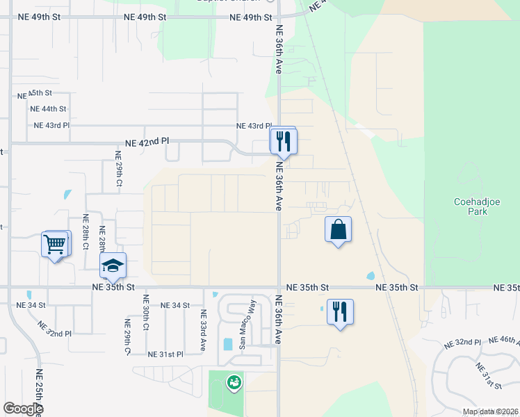map of restaurants, bars, coffee shops, grocery stores, and more near 3801-3875 Northeast 36th Avenue in Ocala