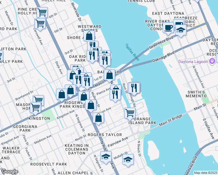 map of restaurants, bars, coffee shops, grocery stores, and more near 116 Pierce Avenue in Daytona Beach