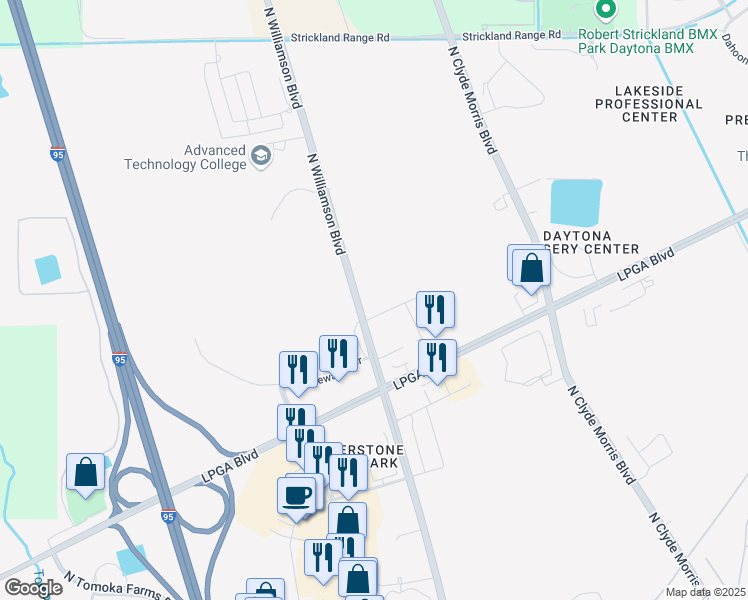 map of restaurants, bars, coffee shops, grocery stores, and more near 175 Sands Parc Boulevard in Daytona Beach